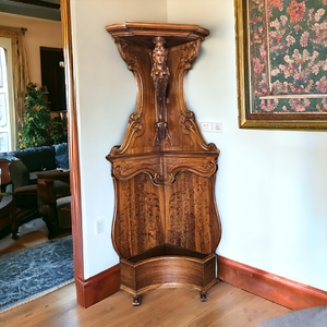 lot 13 image: Rare 72 Tall Antique 19th Century Carved Nude Austrian Walnut Corner Shelf  Planter Retail Estimate $8,850.00