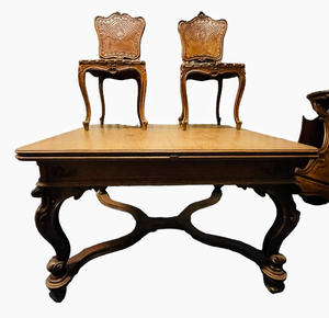 lot 16 image: Antique Walnut Table & (6) Leather Clad Chairs Retail Estimate $4,500.00
