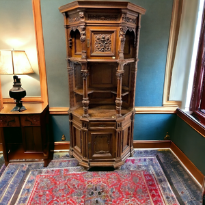 lot 12 image: 80 Tall Antique 19th Century European Hand Carved Nude Figural Walnut Corner Cupboard Retail Estimate $7,950.00