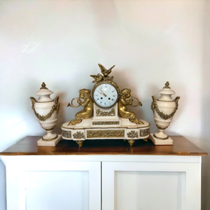 lot 2 image: Antique 19th Century E. F. Caldwell AlabasterMarble Stone & Bronze Faun Figural Mantle Clock & Urns Retail Estimate $3,250.00