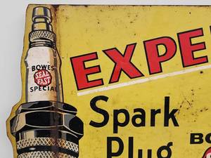lot 53 image: Vintage DoubleSided Bowes Seal All Expert Spark Plug Service Metal Sign