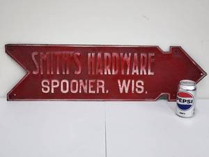 lot 362 image: Vintage Smiths Hardware Spooner WI Metal Sign