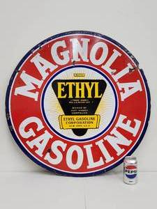 lot 26 image: Vintage Double Sided Magnolia Gasoline Porcelain Sign