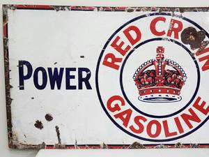 lot 54 image: Vintage Single Sided Red Crown Gasoline Porcelain Sign
