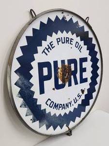 lot 14 image: Vintage Double-Sided Pure Oil Company Porcelain Sign with Hanging Mounting Bracket