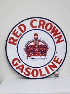 lot 33 image: Vintage Single Sided Red Crown Gasoline Porcelain Sign