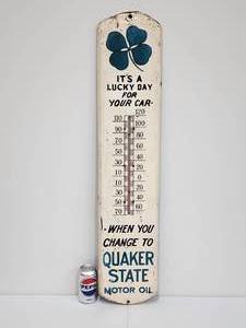 lot 31 image: Vintage Quaker State Motor Oil Metal Thermometer