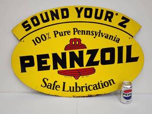 lot 6 image: Vintage Double-Sided Pennzoil Oil Metal Sign