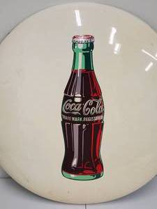 lot 110 image: Vintage White Coca-Cola Round Metal Button Sign