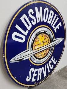lot 3 image: Vintage Double-Sided 60 Oldsmobile Dealership Porcelain Service Sign