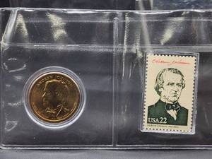 lot 65 image: (5) Assorted Presidential Un-Circulated Proof Dollars with Collectable Stamps