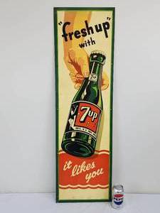 lot 111 image: Vintage 7-Up Metal Sign  RARE 7 UP Seven UP SIGN 1948 54 x 17 Hand to Bottle It Likes You