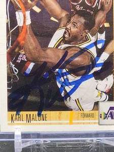 lot 189 image: 1991-92 Upper Deck Basketball Card #355 Autographed by Utah Jazz HOF Karl Malone The Mailman