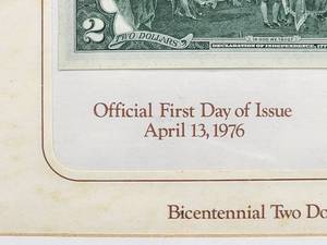 lot 343 image: Nicely Framed First Day Issue 1997 U.S. Mint $2 Bill