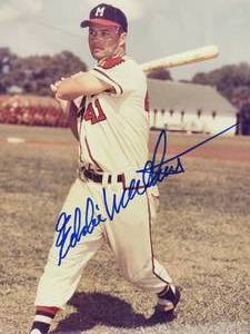 lot 181 image: Milwaukee Braves HOF Great Eddie Mathews Autographed Print with Vintage Mini Pennant