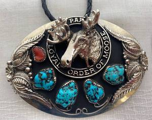 lot GB29 image: Loyal Order of Moose Turquoise Belt Buckle and Bolo Tie