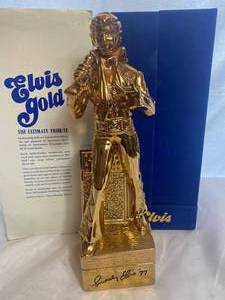 lot GB38 image: Sincerely Elvis 1977 Gold McCormick Liquor Decanter Music Box