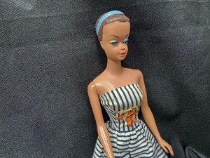 lot 180 image: Molded Head Barbie Wearing Cotton Casual Navy and White Stripped Dress
