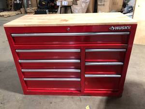 Husky 42 in. W x 18.1 in. D 8-Drawer Red Mobile Workbench Cabinet with Solid Wood Top  Slight Rust Customer Returns See Pictures