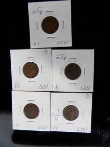 5- circulated Indian pennies 1887, 1890, 1891, 1897, 1900