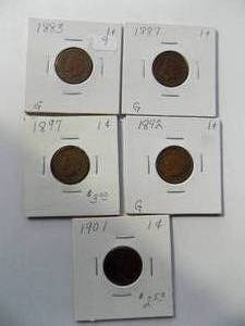 5- circulated Indian pennies 1883, 1887, 1892, 1897, 1901