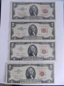 4- $2 red seals 1953-A, 1953-B, 1963, 1963
