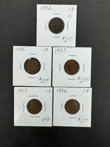5- circulated Indian pennies 1902, 1903, 1905, 1906, 1907