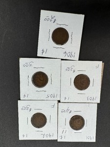 5- circulated Indian pennies 1901, 1902, 1903, 1905, 1906