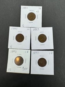 5- circulated Indian pennies 1880, 1883, 1887, 1890, 1897