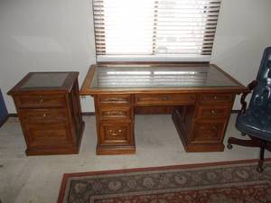 Solid Wood Glass Top Desk, Cabinet, & Executive Leather Chair