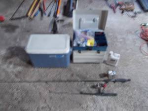 Tackle Box with Contents, Fishing Poles, & Cooler