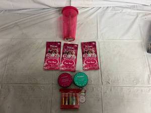lot 230 image: Cup and Straw, Barbie Toning Peels, Body Butter, and Lip Balm