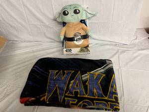 lot 239 image: Baby Yoda Toy with Blanket and Wakanda Blanket