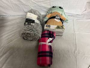 lot 241 image: Baby Yoda Toy with Blanket and 2 Throw Blankets