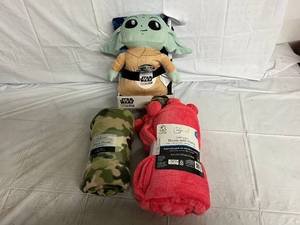 lot 242 image: Baby Yoda Toy with Blanket and 2 Throw Blankets