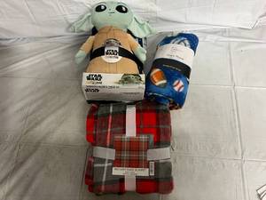 lot 244 image: Baby Yoda Toy with Blanket and 2 Throw Blankets