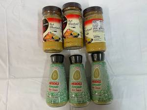 lot 327 image: 3x 7.25oz Hot Mustard & 3x 5oz Avocado Hot Sauce
