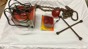 lot 163 image: Dayton 10AMP Charger50AMP Booster,Tow chains & Lug Nut Wrench