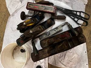 lot 53 image: Bucket of Wood Hand Planers, Auger & Bits