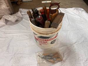 lot 65 image: Bucket of Hand Wood Working Tools & More