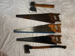 lot 68 image: 3 Hand Saws, Axe & Hatchet