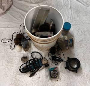 lot 72 image: Bucket with Grinder, Power Nut Driver Set, Precsion Lens, and more