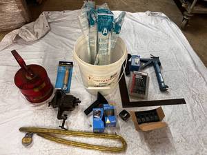 lot 74 image: Bucket of Support Braces, Gas Can, Screen Tool, Bike Lock wkey & More