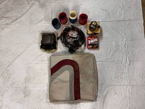 lot 90 image: Eagle Magna Depth Finder, Can Coozies, Fishing Line, Boat seat Cover, Zebco Reel