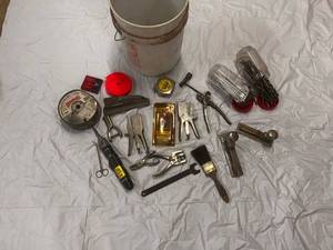 lot 96 image: Bucket full of Staplers, Fastening Tools, Brushes, Drill Bits, Wire and More