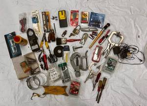 lot 102 image: Bucket with Clamp Meter, Stud Finder, Pipe Cutter & Much More