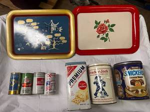 lot 128 image: Vintage Trays, Drink Cans & Canisters