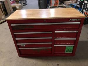 lot 2 image: Husky 42 in. W x 18.1 in. D 8-Drawer Red Mobile Workbench Cabinet with Solid Wood Top Customer Returns See Pictures