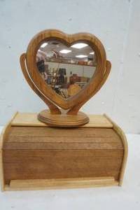 lot 91 image: Wooden Bread Box & Wooden Heart Shaped Mirror