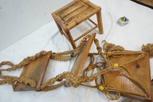 lot 104 image: Bamboo Footstool & 3 tier plant hanger